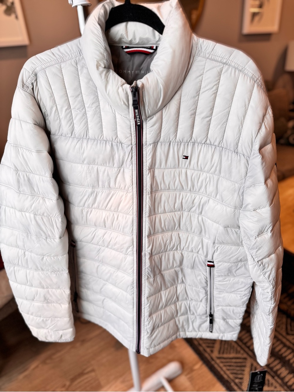 Tommy Hilfiger White Packable Jacket with Signature Red & Navy Trim/NWT